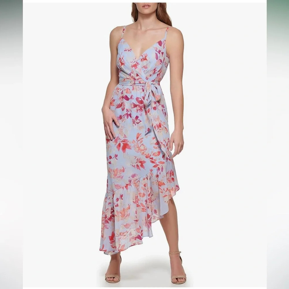 NWT!! Eliza J. - Women's V-Neck Floral Ruffle Hem Maxi Dress - Pink/Blue - 8